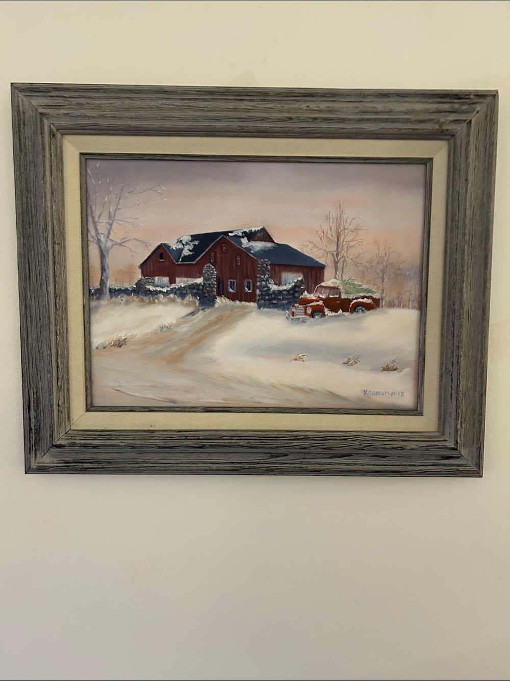 Winter Barn Landscape Wall Art - Red & Gray Framed Print
